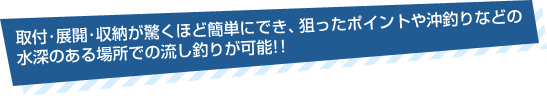 取付・展開・収納が驚くほど簡単にでき、狙ったポイントや沖釣りなどの水深のある場所での流し釣りが可能!!