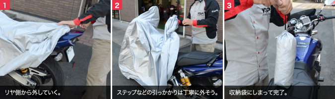 携帯バイクカバー 取り外し手順：写真